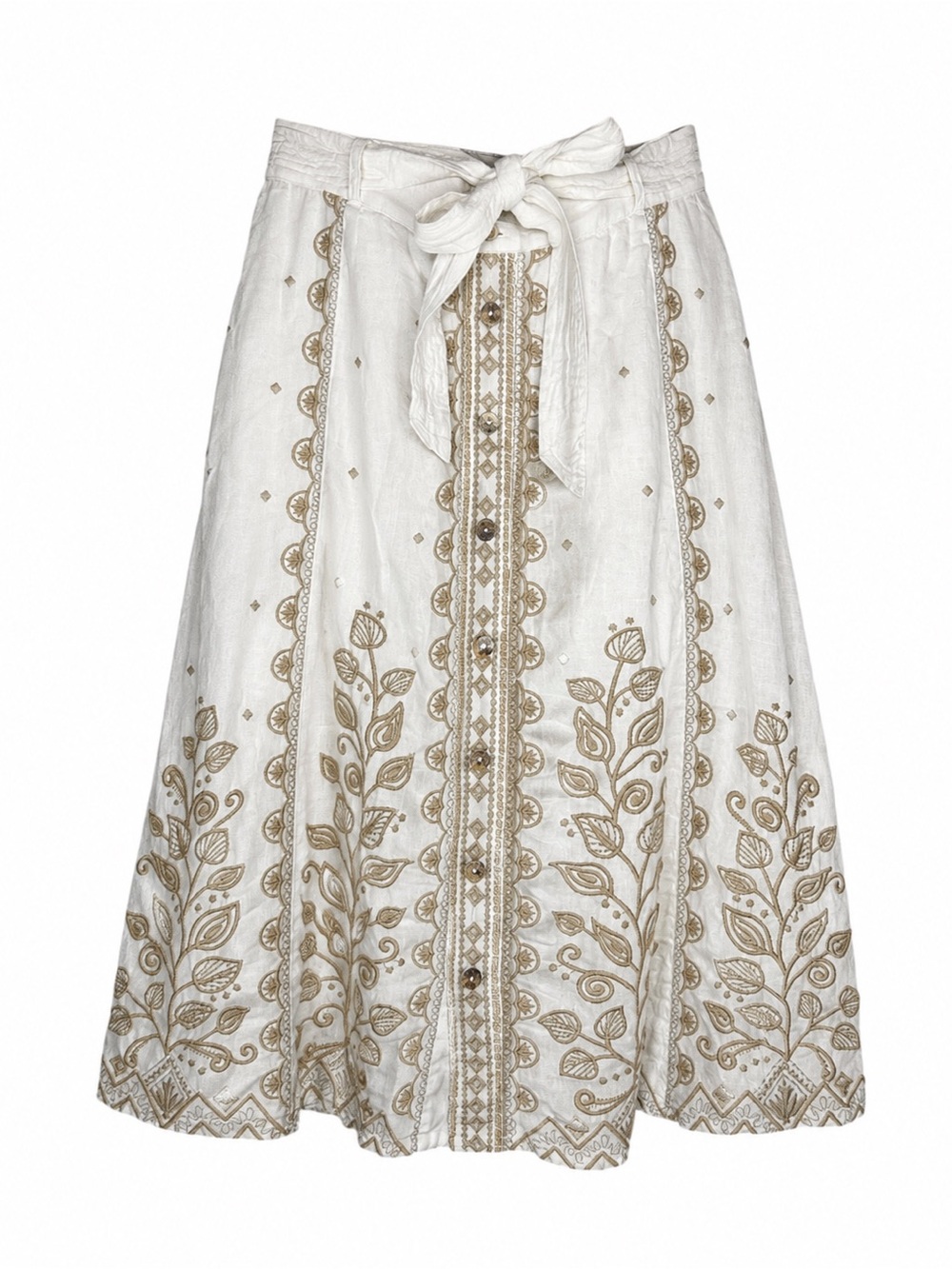 Johnny Was J70419 White Linen Embroidered Button Front Midi Skirt Medium M